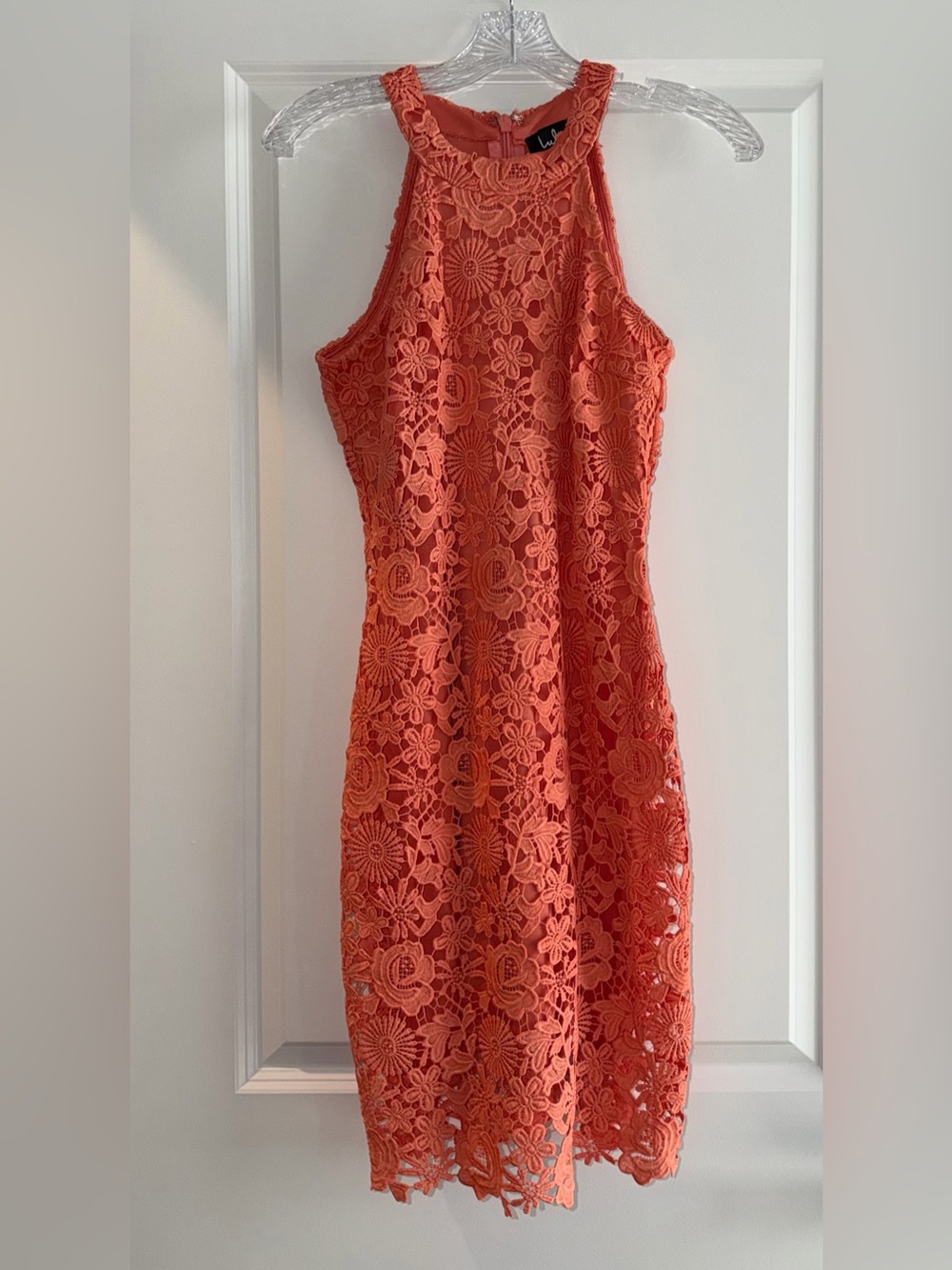 Lulu's Coral Floral Halter Lace Mini Dress